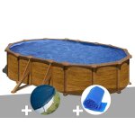 Kit piscine acier aspect bois gr� mauritius ovale 6, 34 x 3, 99 x 1, 32 m + b�che hiver + b�che � bulles ...