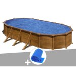 Kit piscine acier aspect bois gr� mauritius ovale 7, 44 x 3, 99 x 1, 32 m + b�che � bulles