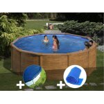 Kit piscine acier aspect bois gr mauritius ronde 3, 70 x 1, 32 m + bche hiver + bche  bulles