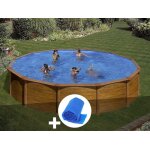 Kit piscine acier aspect bois gr� mauritius ronde 5, 70 x 1, 32 m + b�che � bulles