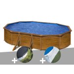 Kit piscine acier aspect bois gr� pacific ovale 6, 34 x 3, 99 x 1, 22 m + b�che d'hivernage + tapis de ...