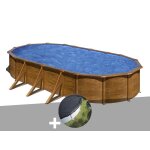 Kit piscine acier aspect bois gr� pacific ovale 7, 44 x 3, 99 x 1, 22 m + b�che d'hivernage