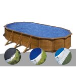 Kit piscine acier aspect bois gr� pacific ovale 7, 44 x 3, 99 x 1, 22 m + b�che d'hivernage + b�che � ...
