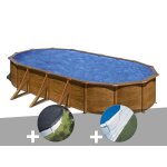 Kit piscine acier aspect bois gr� pacific ovale 7, 44 x 3, 99 x 1, 22 m + b�che d'hivernage + tapis de ...