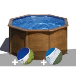 Kit piscine acier aspect bois gr� pacific ronde 2, 60 x 1, 22 m + b�che � bulles + tapis de sol