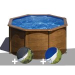 Kit piscine acier aspect bois gr� pacific ronde 2, 60 x 1, 22 m + b�che d'hivernage + b�che � bulles