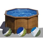 Kit piscine acier aspect bois gr� pacific ronde 2, 60 x 1, 22 m + b�che d'hivernage + b�che � bulles ...