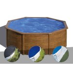Kit piscine acier aspect bois gr pacific ronde 3, 70 x 1, 22 m + bche d'hivernage + bche  bulles ...