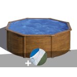 Kit piscine acier aspect bois gr� pacific ronde 3, 70 x 1, 22 m + tapis de sol