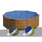 Kit piscine acier aspect bois gr� pacific ronde 4, 80 x 1, 22 m + b�che d'hivernage + b�che � bulles