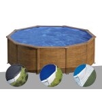 Kit piscine acier aspect bois gr� pacific ronde 4, 80 x 1, 22 m + b�che d'hivernage + b�che � bulles ...