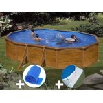 Kit piscine acier aspect bois gr sicilia ovale 5, 27 x 3, 27 x 1, 22 m + bche  bulles + tapis de sol ...