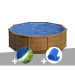 Kit piscine acier aspect bois gr� sicilia ronde 3, 20 x 1, 22 m + b�che hiver + b�che � bulles
