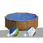 Kit piscine acier aspect bois gr� sicilia ronde 3, 20 x 1, 22 m + b�che hiver + tapis de sol