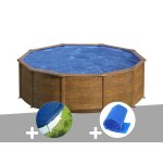 Kit piscine acier aspect bois gr� sicilia ronde 4, 80 x 1, 22 m + b�che hiver + b�che � bulles