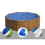 Kit piscine acier aspect bois gr� sicilia ronde 4, 80 x 1, 22 m + b�che hiver + b�che � bulles + tapis ...