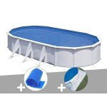 Kit piscine acier blanc gr� fidji ovale 6, 34 x 3, 99 x 1, 22 m + b�che � bulles + tapis de sol