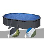 Kit piscine acier gris anthracite gr� louko ovale 6, 34 x 3, 99 x 1, 22 m + b�che d'hivernage + tapis ...