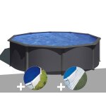 Kit piscine acier gris anthracite gr louko ronde 4, 80 x 1, 22 m + bche  bulles + tapis de sol