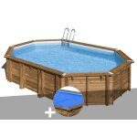 Kit piscine bois gr� avocado 6, 56 x 4, 56 x 1, 27 m + b�che � bulles