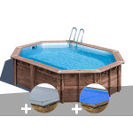 Kit piscine bois gr� bambu 5, 35 x 3, 35 x 1, 36 m + b�che hiver + b�che � bulles