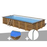 Kit piscine bois gr� braga 8, 15 x 4, 20 x 1, 46 m + b�che � bulles + douche