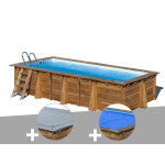 Kit piscine bois gr� papaya 5, 20 x 3, 20 x 1, 33 m + b�che hiver + b�che � bulles