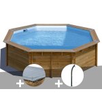 Kit piscine bois gr� violette Ø 5, 00 x 1, 27 m + b�che hiver + douche