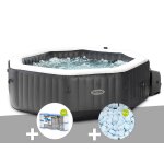 Kit spa gonflable intex purespa carbone octogonal bulles et jets 4 places + 12 filtres + 5 kg de sel