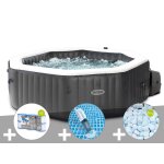 Kit spa gonflable intex purespa carbone octogonal bulles et jets 4 places + 12 filtres + 5 kg de sel ...