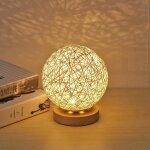 Kjakl - lampe de table en bois usb avec abat - jour sphrique en rotin travaill  la main - lampe de ...