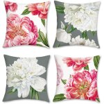 Ksfal - housse de coussin fleurs de pivoine 45x45 cm velours doux rose et blanc dcoratif taie d'oreiller ...