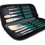 Lot de 10 pinceaux en poils de porc avec tui de transport pour peinture  l'huile, aquarelle et gouache ...