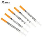 Lot de 10 seringues a insuline steriles jetables en plastique de 1 ml avec bouchon orange et distributeur ... Lot de 10 seringues a insuline steriles jetables en plastique de 1 ml avec bouchon orange et distributeur ...