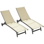Lot de 2 bains de soleil transats inclinables - 2 roulettes - alu. textil�ne beige kaki
