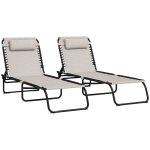 Lot de 2 bains de soleil transats pliables inclinables acier lacets elastiques noir textil�ne cr�me