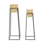Lot de 2 cache - pot en m�tal dor� avec bases 23x23x70 - 20x20x60 cm