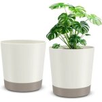 Lot de 2 cache - pots en plastique gris pierre et blanc 20 cm avec drainage int�gr� et soucoupes pour ...