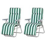 Lot de 2 chaise longue bain de soleil adjustable pliable transat lit de jardin en acier vert + blanc