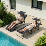 Lot de 2 chaises longues pliables, bain de soleil, transat de jardin r�glable avec 5 dossiers, charge ...