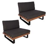 Lot de 2 fauteuils lounge bas avec coussins epais gris fonc� en aluminium et bois d acacia marron avec ...
