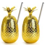 Lot de 2 gobelets a boisson ananas, 450 ml, dores, avec paille extensible, pour fete hawaienne luau