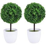 Lot de 2 petits pots de fleurs topiaires en c�ramique blanche avec boules imitation buis pour une d�coration ...