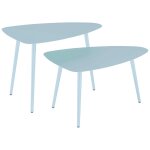Lot de 2 tables basses gigognes de jardin design pi�tement effil� acier plateau m�tal bleu