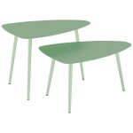 Lot de 2 tables basses gigognes de jardin design pi�tement effil� acier plateau m�tal vert