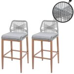 Lot de 2 tabourets de bar rope hwc - o21, coussins d'assise extrieurs en corde tresse mtal aspect ...