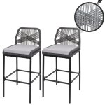 Lot de 2 tabourets de bar rope hwc - o21, outdoor assise rembourr�e corde tress�e m�tal anthracite, coussin ...