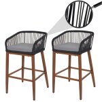 Lot de 2 tabourets de bar rope hwc - o22, coussins d'extrieur en corde tresse mtal aspect bois anthracite, ...