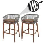 Lot de 2 tabourets de bar rope hwc - o22, coussins d'ext�rieur en corde tress�e m�tal aspect bois gris ...
