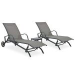 Lot de 2 transats chaise longue bain de soleil lit de jardin terrasse meuble d'ext�rieur avec table textil�ne ...